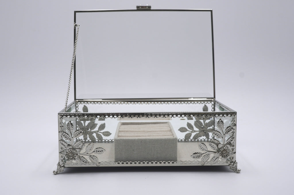 Ornate Silver Filigree Glass Jewelry Box with Floral Details & Linen Ring Organizer