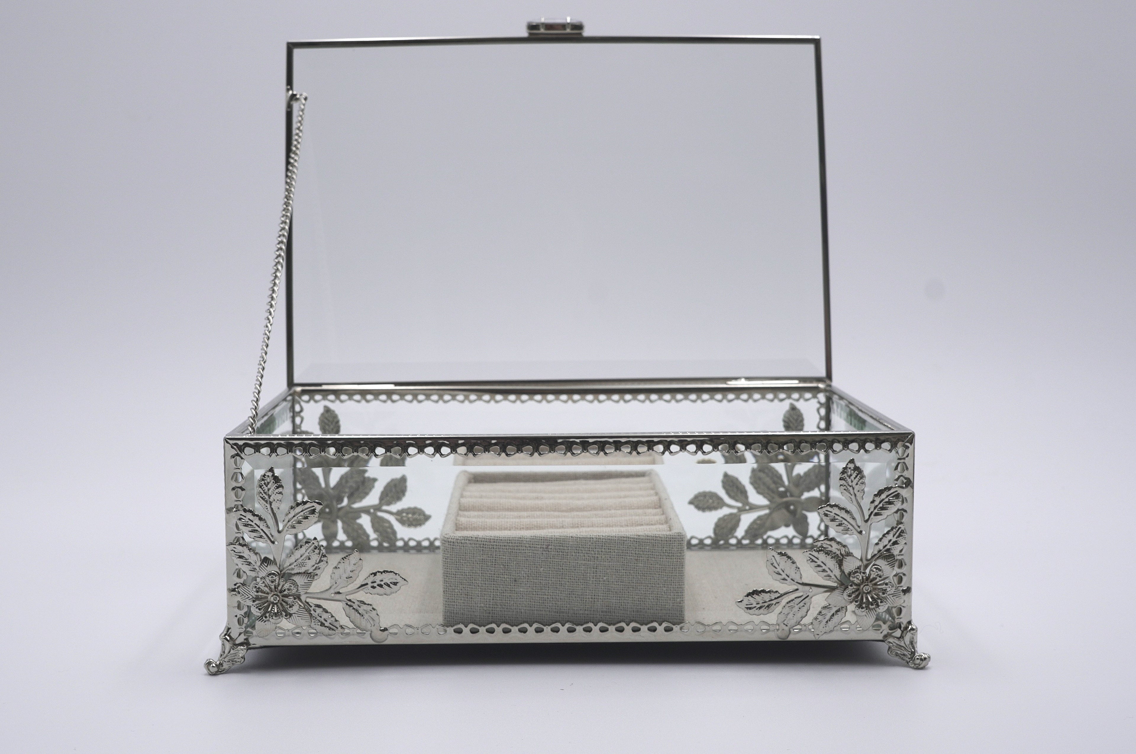 Ornate Silver Filigree Glass Jewelry Box with Floral Details & Linen Ring Organizer