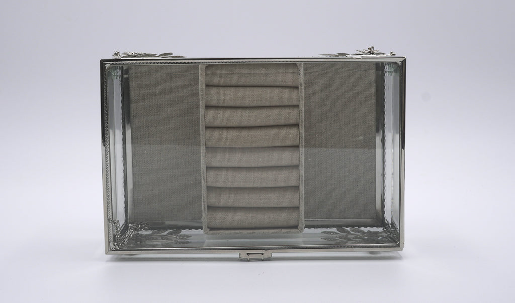 Ornate Silver Filigree Glass Jewelry Box with Floral Details & Linen Ring Organizer