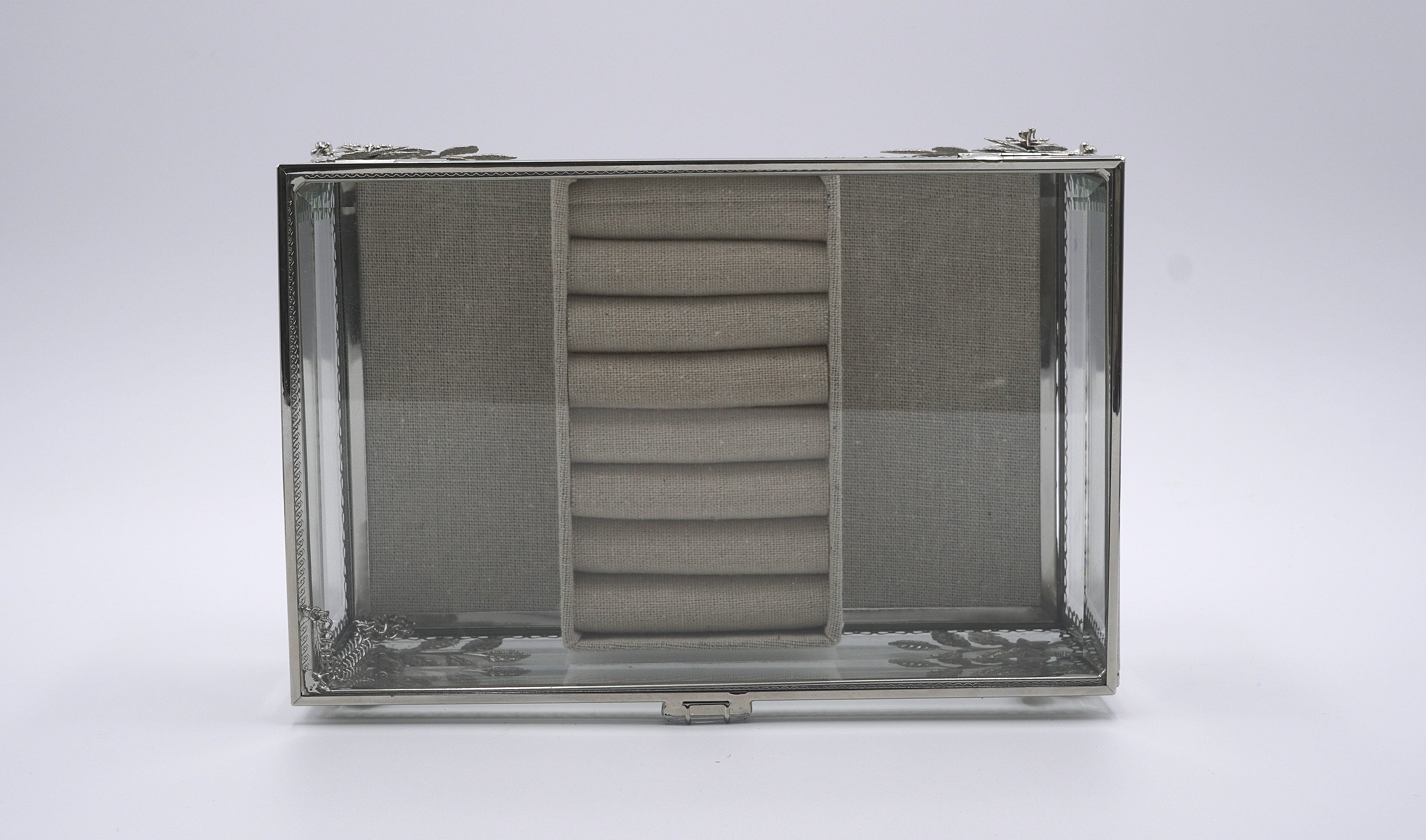 Ornate Silver Filigree Glass Jewelry Box with Floral Details & Linen Ring Organizer