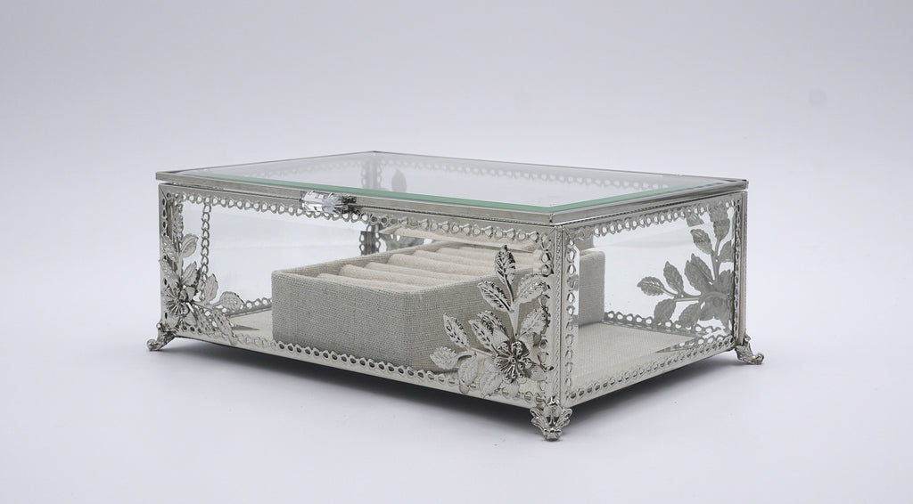 Ornate Silver Filigree Glass Jewelry Box with Floral Details & Linen Ring Organizer
