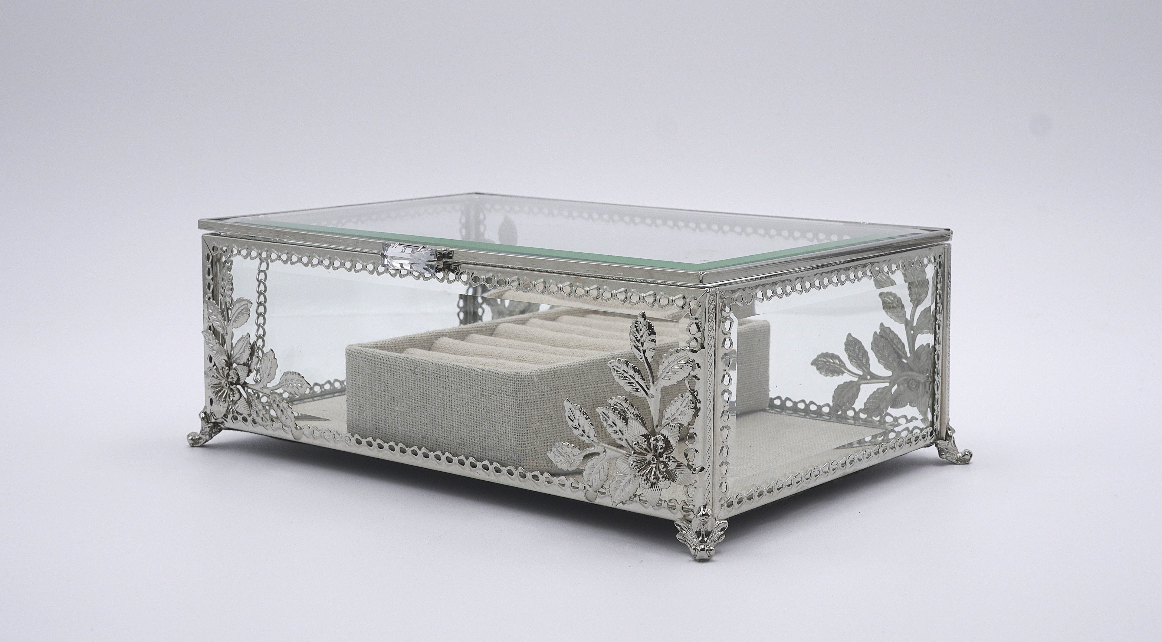 Ornate Silver Filigree Glass Jewelry Box with Floral Details & Linen Ring Organizer