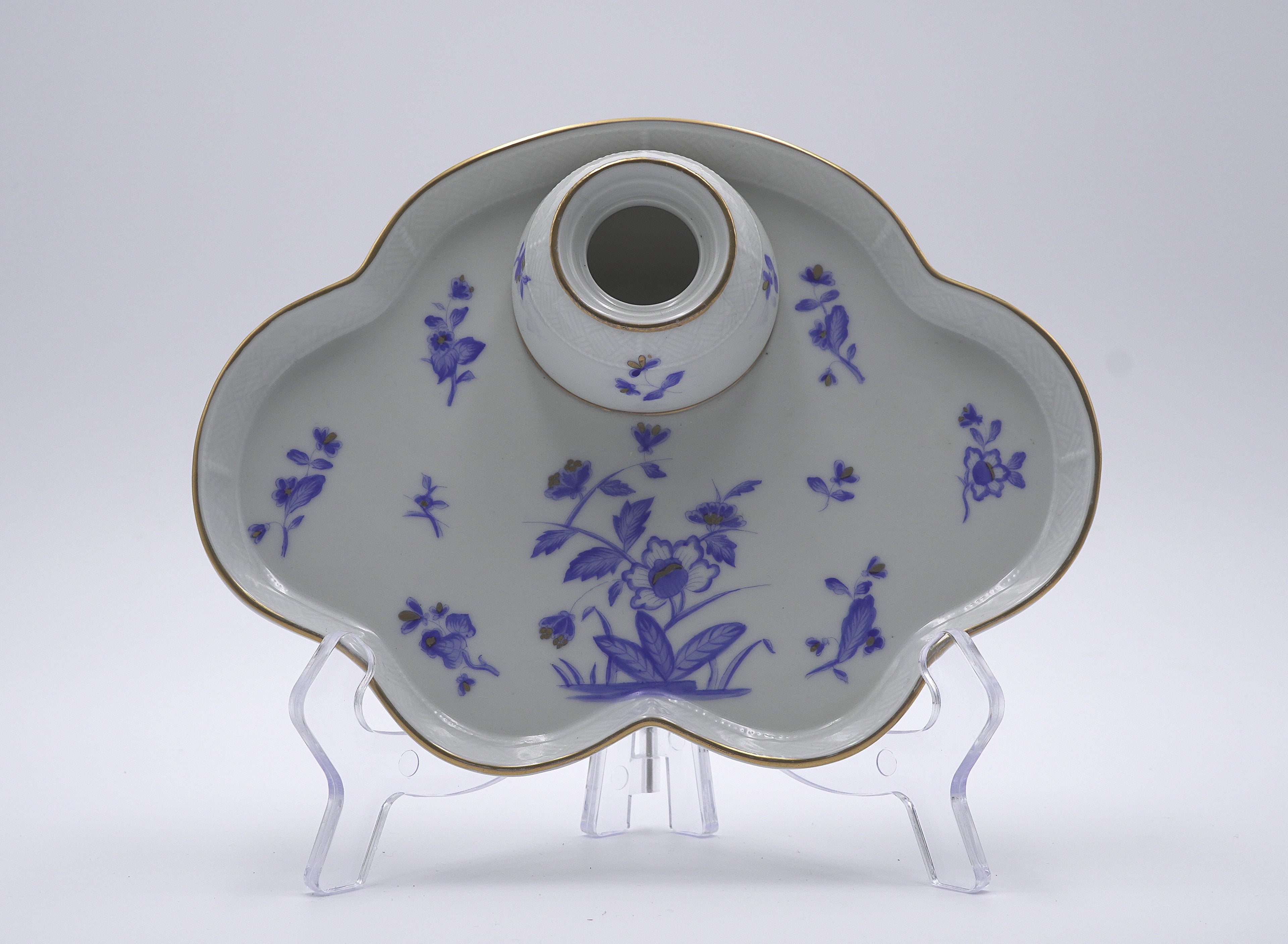 Herend Hungary Hand-Painted Blue Floral Porcelain Inkwell with Gold Trim