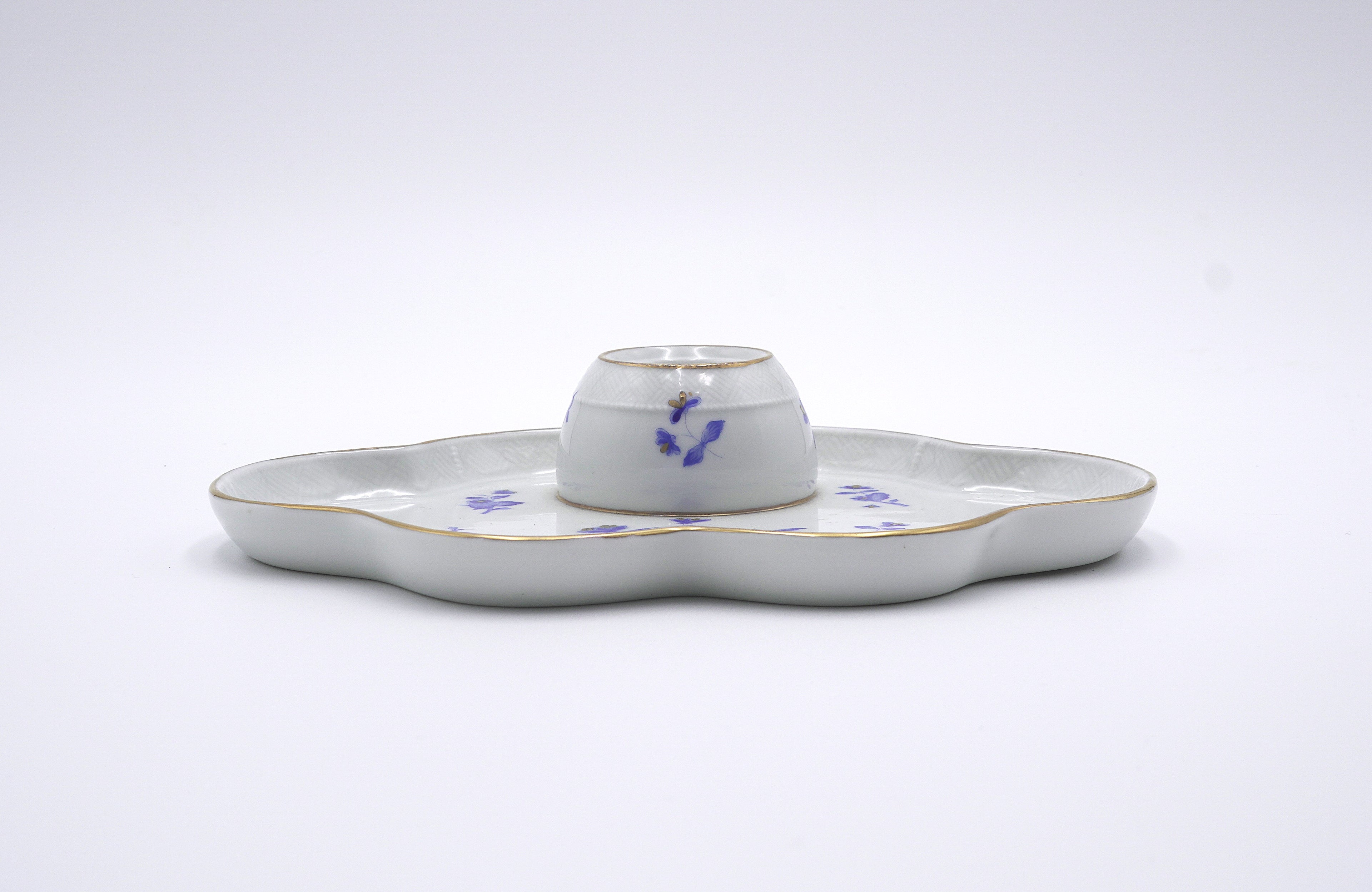Herend Hungary Hand-Painted Blue Floral Porcelain Inkwell with Gold Trim