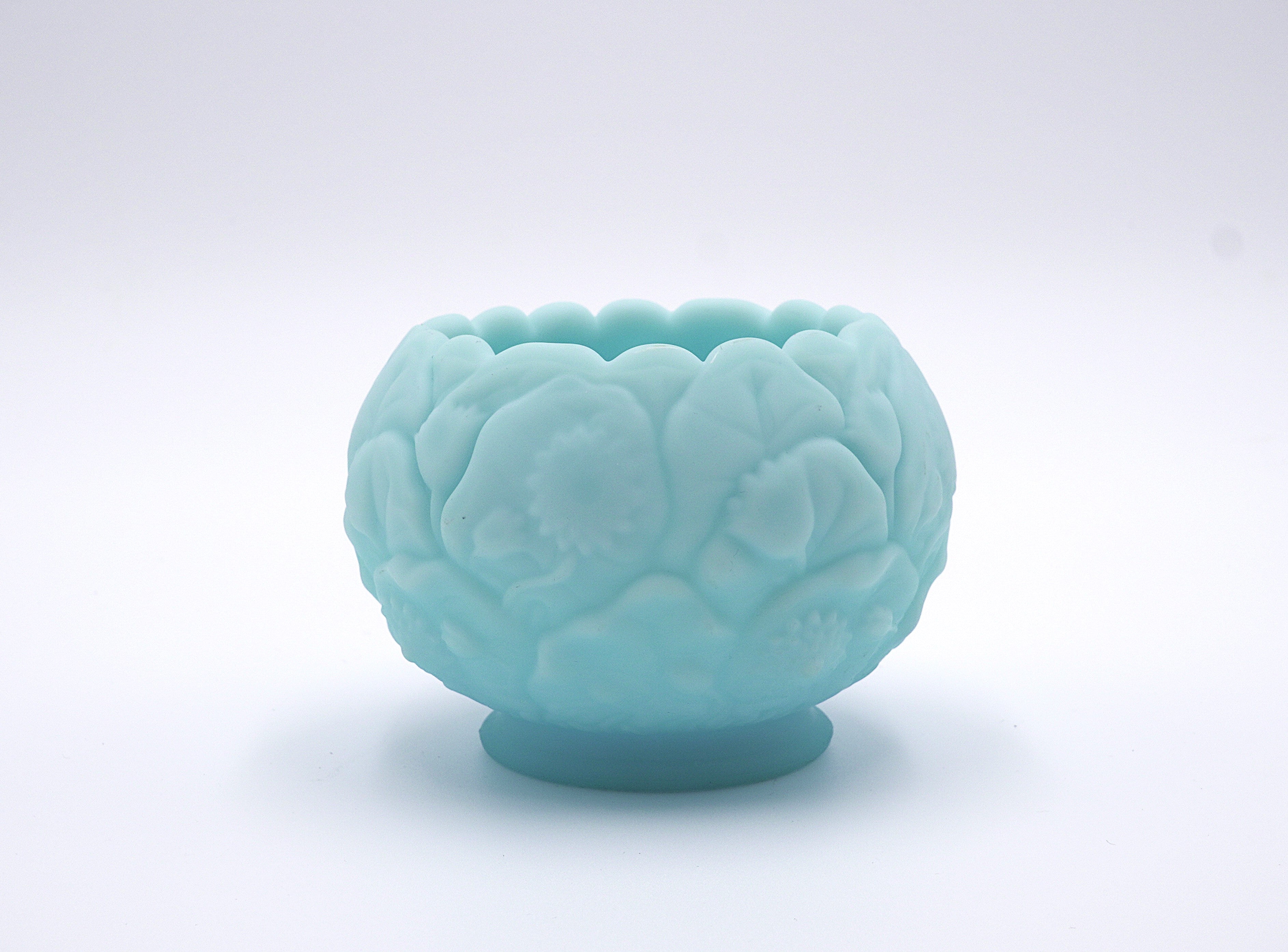 Fenton Satin Blue Floral Rose Bowl