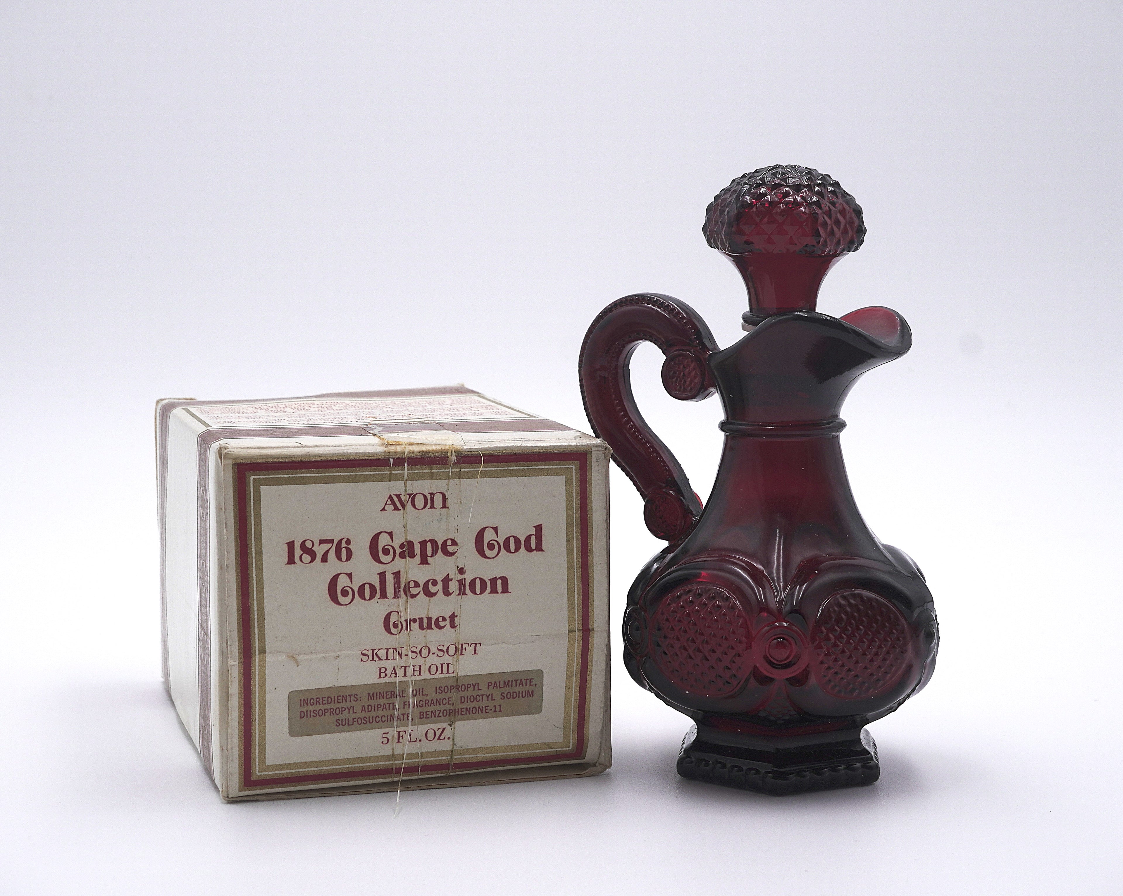 Avon 1876 Cape Cod Ruby Red Cruet – Skin-So-Soft Bath Oil Decanter with Box