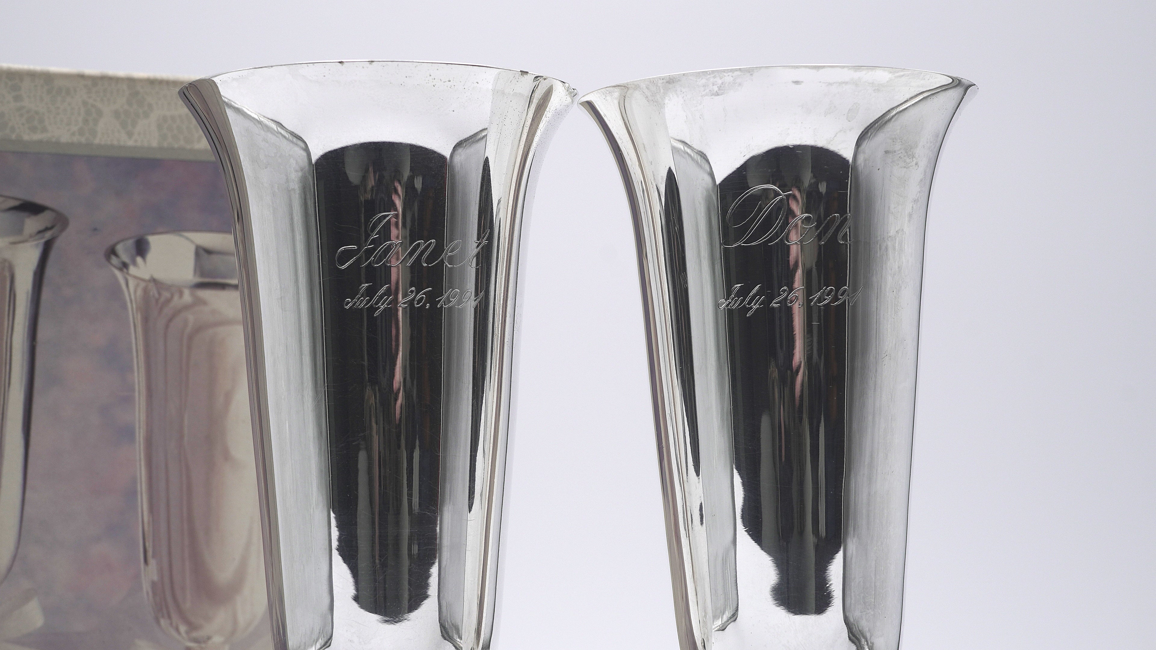 Hallmark Silver-Plated Engraved 1991 Bride & Groom Champagne Flutes