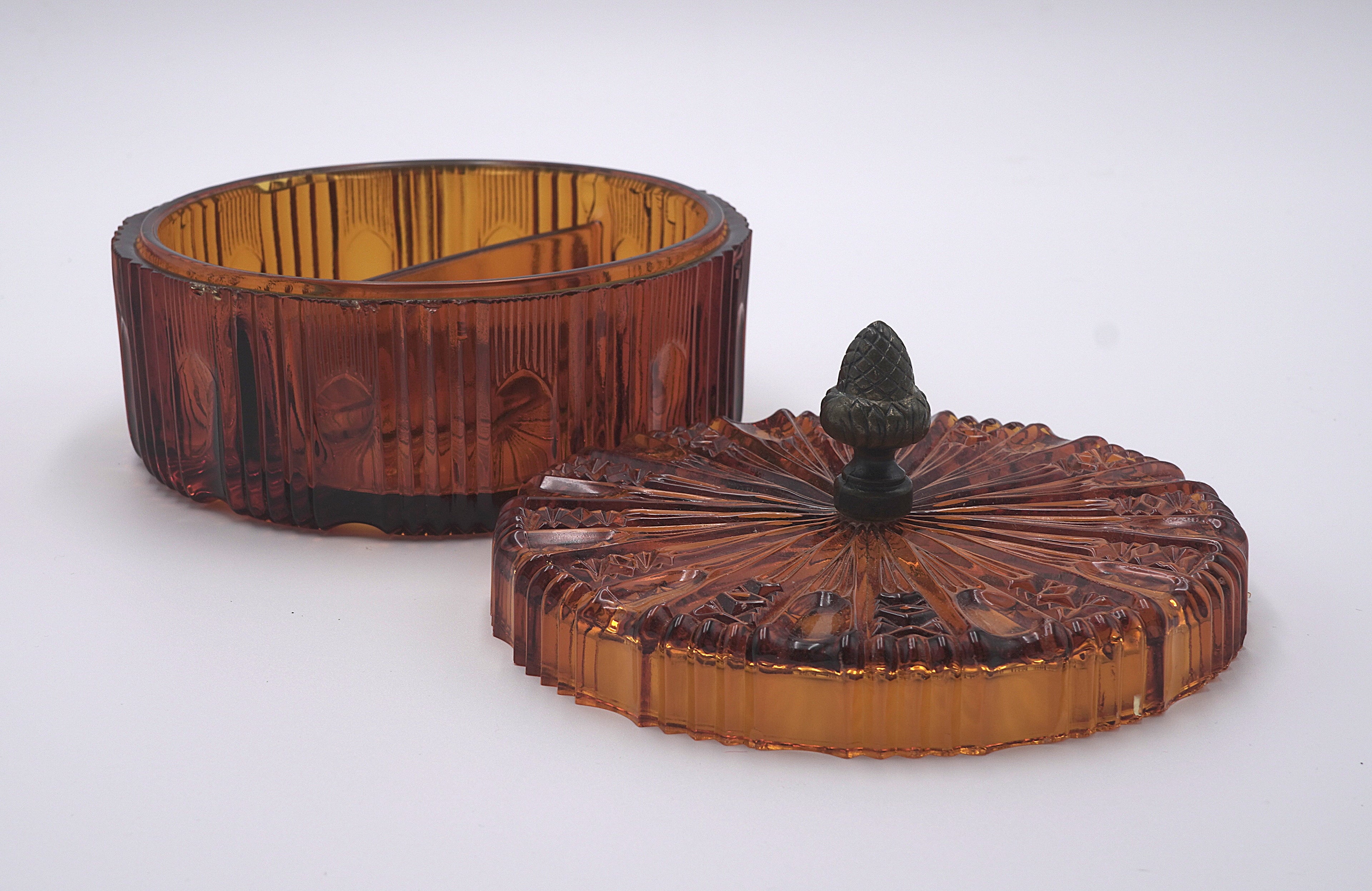 Vintage Amber Divided Candy Dish with Lid