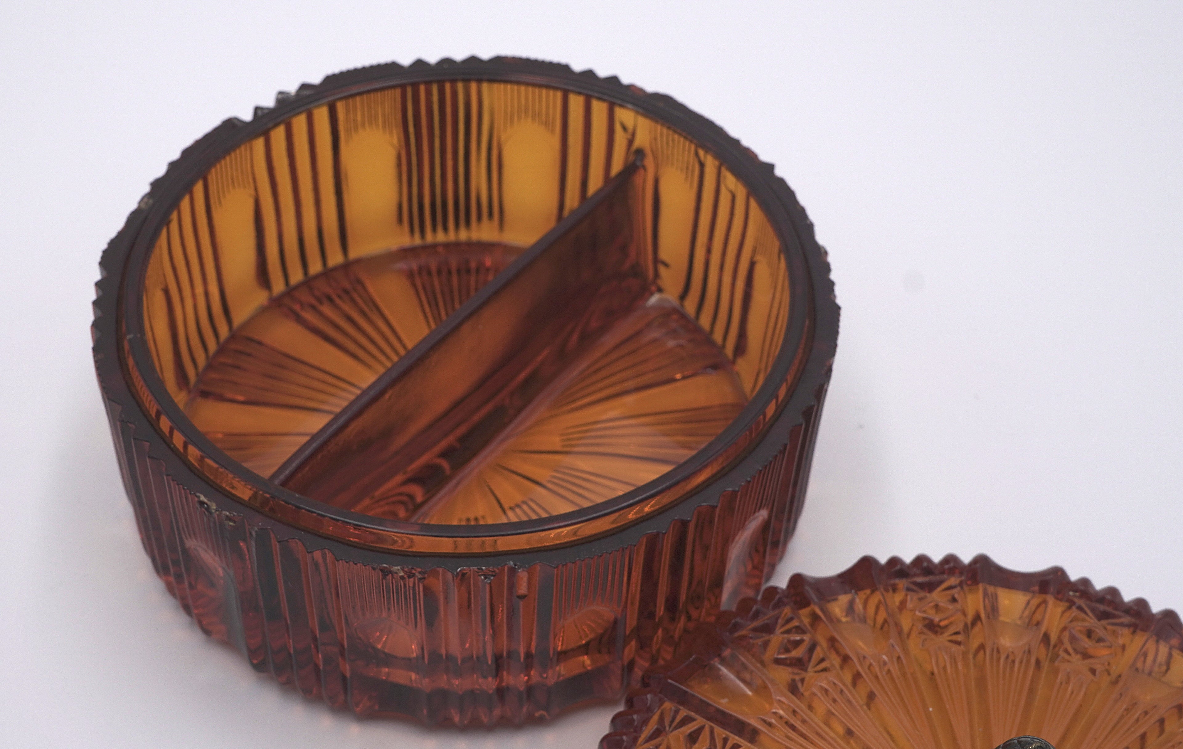 Vintage Amber Divided Candy Dish with Lid