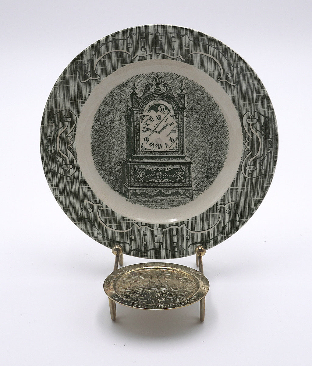 Green Transferware Saucer with Antique Mantel Clock Design